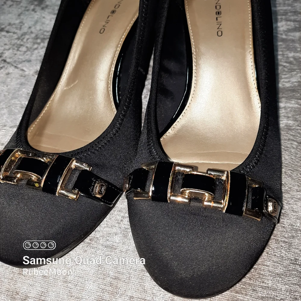 Bandolino Black Satin Chain Wedge Slip-On Homerun SZ 8.5M